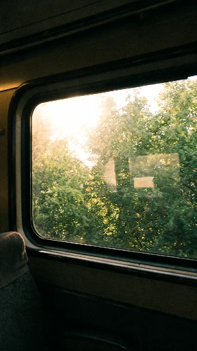 Summer green trees through a vintage train window