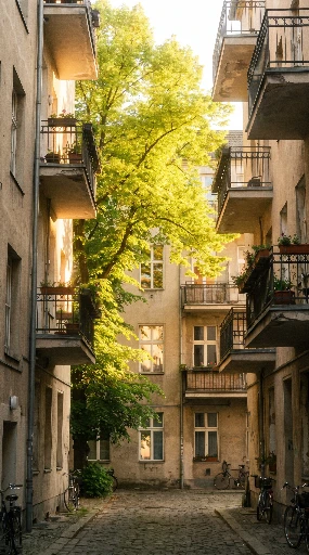 Glowing green tree in an old apartment courtyard