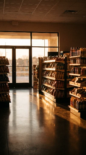 Convenience store interior in sunset light