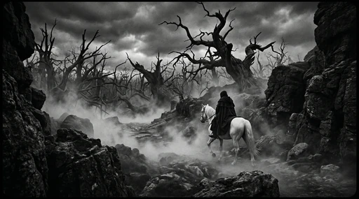 Monochrome film scene of a rider on a white horse in mist
