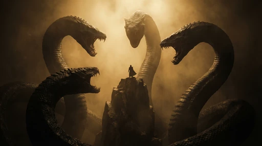 Dark fantasy scene with three giant serpents around a peak
