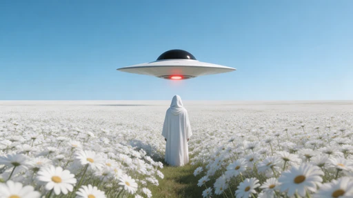 White-robed figure facing a UFO in a flower field
