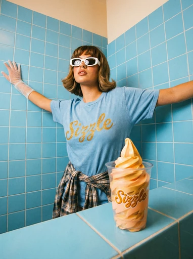 Sizzle fashion portrait against blue tiled walls