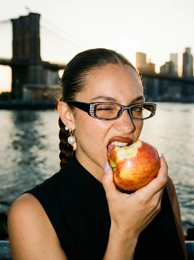 Close-up woman biting an apple with Brooklyn Bridge behind