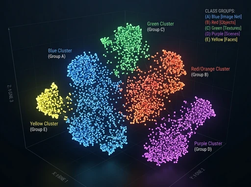 Latent-space t-SNE scatter plot in a dark 3D space
