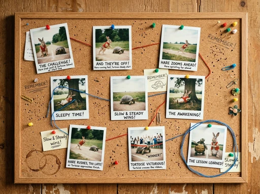 Polaroid cork-board retelling of the tortoise and hare