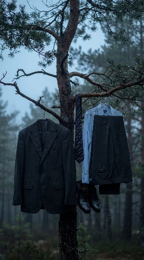 Surreal rainy pine tree with suspended menswear