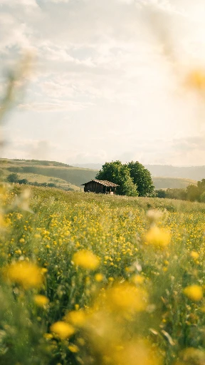 Country meadow with yellow flowers, hills and a small shelter