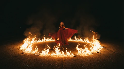 Woman in a red dress inside a ring of fire