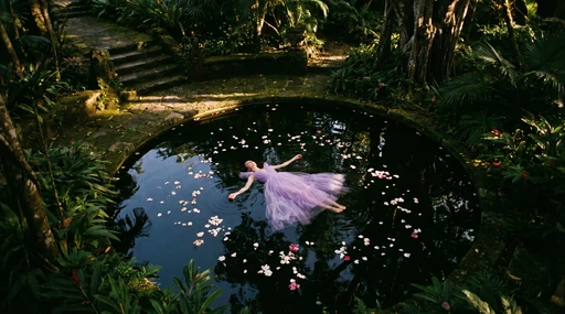 Top-down woman in a lavender gown floating on a round pond