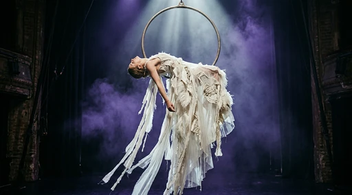 Woman suspended in a feathered white gown on a smoky stage