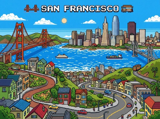 8-bit pixel-art scene of San Francisco