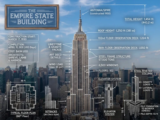Empire State Building infographic with blueprint annotations