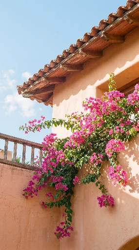 Magenta bougainvillea on a peach tropical balcony