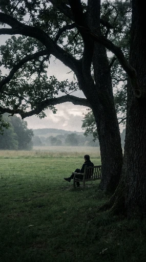 Quiet park bench beneath old trees with distant hills