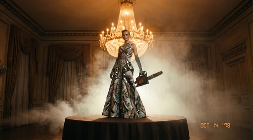 Fashion woman with a chainsaw beneath a ballroom chandelier
