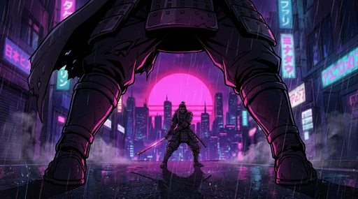 Anime warrior with a katana in a neon city
