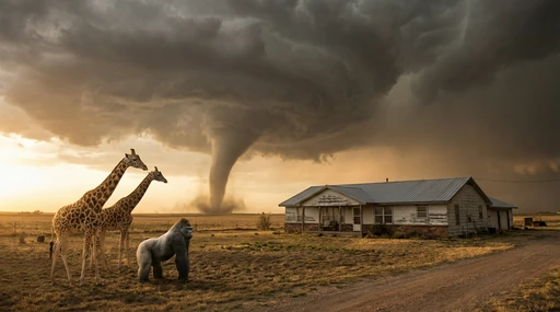 Giraffes and a gorilla beside a ranch under a tornado