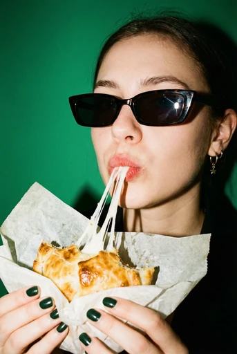 Flash-lit close-up of a woman biting food
