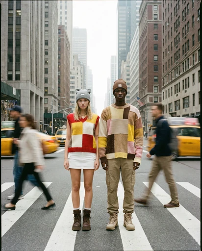 Fashion portrait with motion-blurred pedestrians