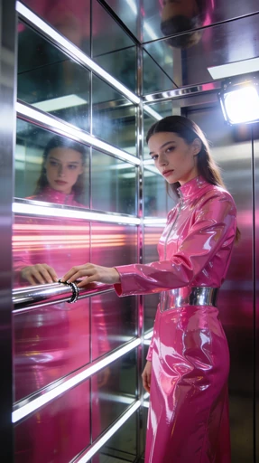 Pink liquid-chrome couture in a mirrored elevator