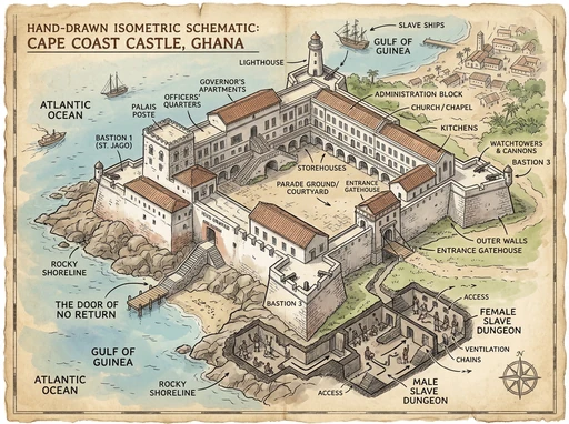 Hand-drawn isometric diagram of Cape Coast Castle